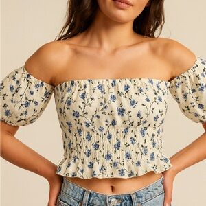 ABERCROMBIE & FITCH Off-The-Shoulder Floral Smocked Puff Sleeve Top